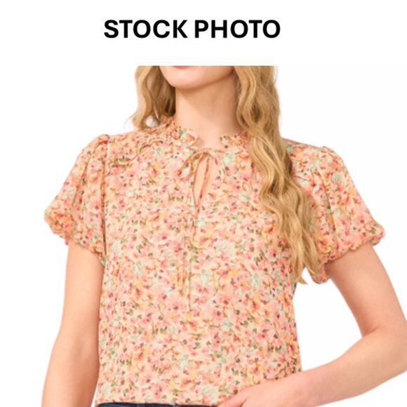 CeCe Puff Sleeve Floral Ruffle Tie-Neck Blouse - Picture 1 of 5